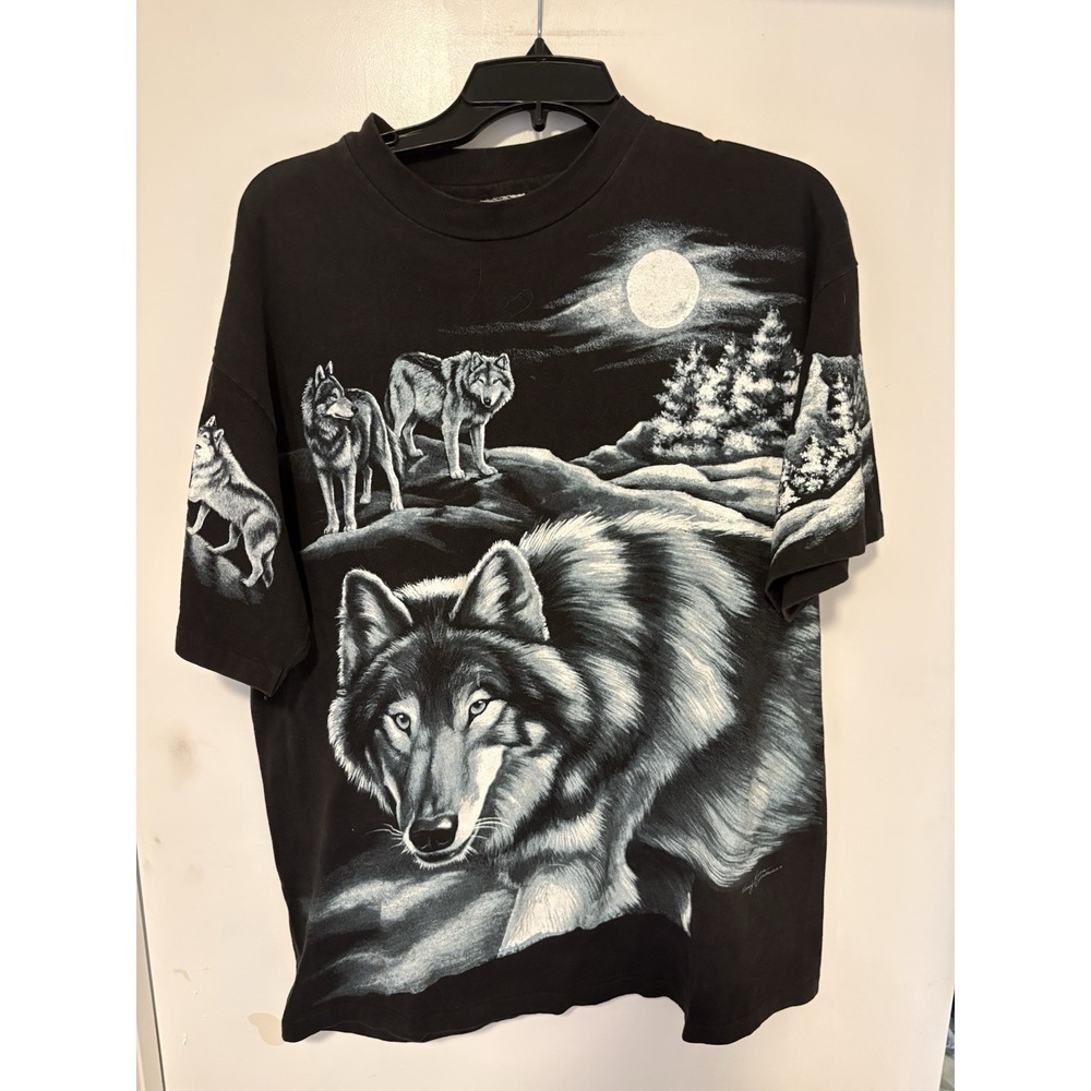 Vintage 1994 Wolf Husky Nature Animal Husky Black Big Graphic AOP T-Shirt XL